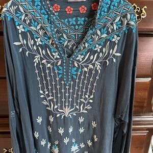 Johnny Was Embroidered Boho Blouse - Blue